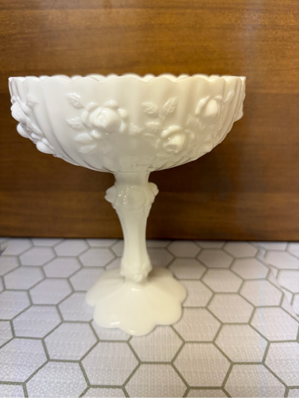 Fenton Milk Glass Cabbage Rose Open Compote